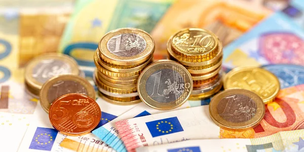 Billetes Monedas Euros Factura Ahorro Dinero Pago Finanzas Billetes Banco — Foto de Stock