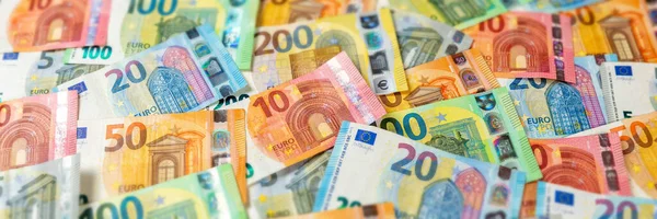 Euro Bankovky Účet Úspora Peněz Pozadí Výplata Financí Bankovky Panorama — Stock fotografie