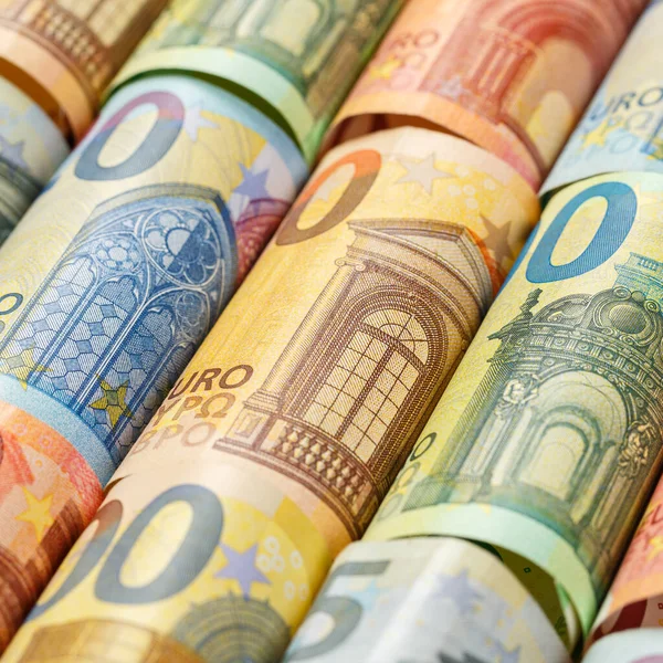 Euro Bankovky Účet Úspora Peněz Pozadí Výplata Financí Bankovky Náměstí — Stock fotografie