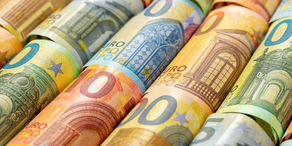 Eurobankbiljettenwissel Spaargeld Achtergrond Betalen Betalen Financiën Banner Bankbiljetten Bankbiljet Rijk — Stockfoto