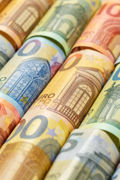 Eurobankbiljetten Factuur Geld Besparen Achtergrond Betalen Financiën Portret Formaat Bankbiljetten — Stockfoto