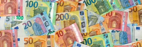 Банкноти Євро Заощаджують Гроші Фоні Платні Фінансової Панорамної Банкноти — стокове фото