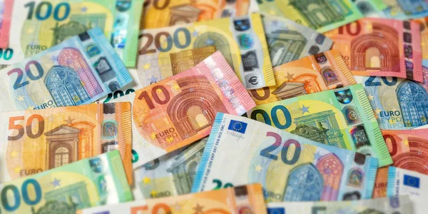 Eurobankjegyek Számla Megtakarítás Pénz Háttér Fizetés Kifizetés Pénzügyek Banner Bankjegyek — Stock Fotó