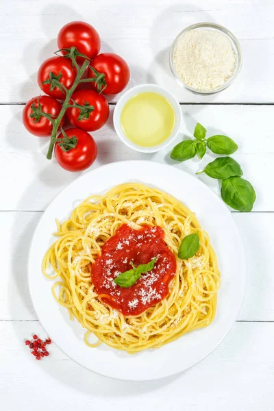 Spaghetti Aus Italien Pasta Lunch Essen Mit Tomatensauce Von Oben — Stockfoto