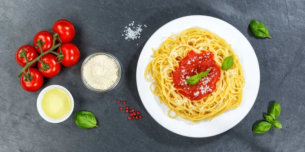 Spaghetti Meal Italy Eat Pasta Lunch Tomato Sauce Slate Panorama — Stock Photo, Image