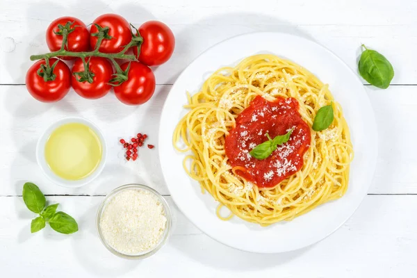 Farina Spaghetti Dall Italia Pranzate Con Sugo Pomodoro Dall Alto — Foto Stock