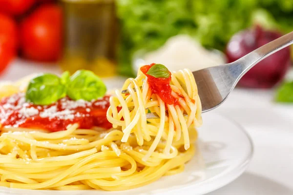 Spaghetti Meal Italy Eat Eating Fork Pasta Lunch Tomato Sauce — Stock Photo, Image