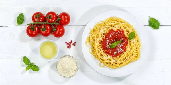 Spaghetti Meal Italy Eat Pasta Lunch Tomato Sauce Panorama — Stock Photo, Image