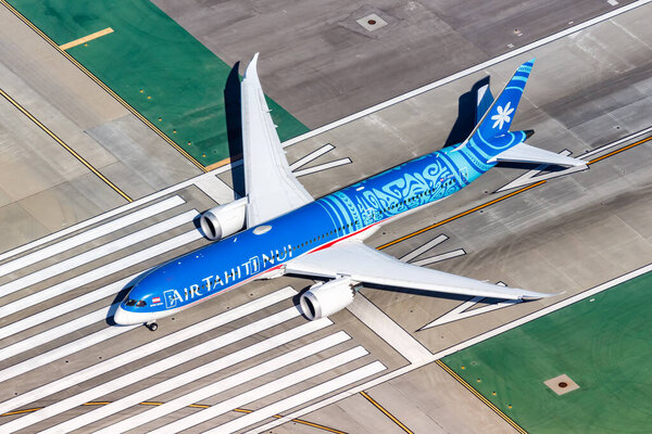Los Angeles, United States - November 4, 2022 Air Tahiti Nui Boeing 787-9 Dreamliner airplane at Los Angeles airport (LAX) in the United States aerial view.