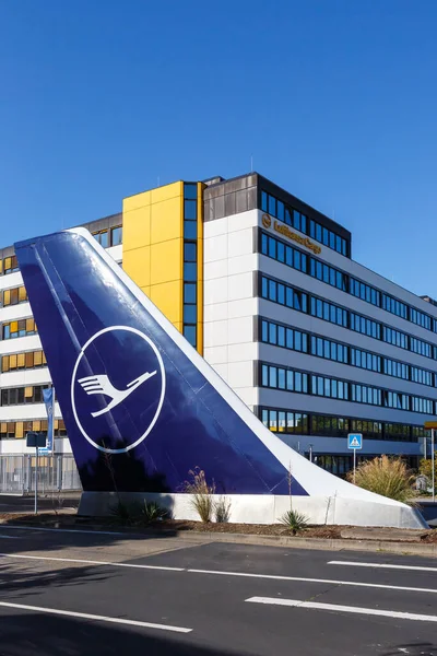 stock image Frankfurt, Germany - August 3, 2022 Aircraft tail at the Lufthansa headquarters portrait format at Frankfurt airport (FRA) in Germany.