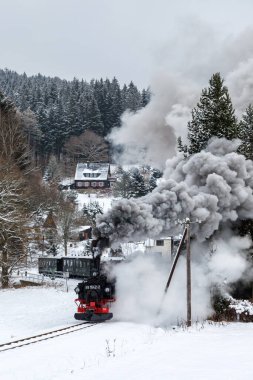 Schmalzgrube, Almanya - 17 Aralık 2022 Pressnitztalbahn buharlı tren lokomotifi Schmalzgrube, Almanya 'da kış portresi biçiminde.