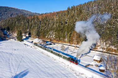 Schmalzgrube, Almanya - 17 Aralık 2022 Pressnitztalbahn buharlı tren lokomotifi kış mevsiminde Schmalzgrube, Almanya 'da görüldü..