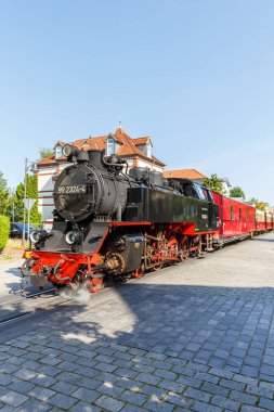 Baederbahn Molli buharlı tren lokomotifi demiryolu portresi Kötü Doberan, Almanya 'da demiryolu