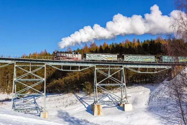 Oberwiesenthal Alemania Diciembre 2022 Fichtelbergbahn Tren Vapor Locomotora Ferroviaria Puente — Foto de Stock