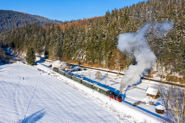 Schmalzgrube Tyskland December 2022 Pressnitztalbahn Ånglok Järnväg Antenn Syn Vintern — Stockfoto