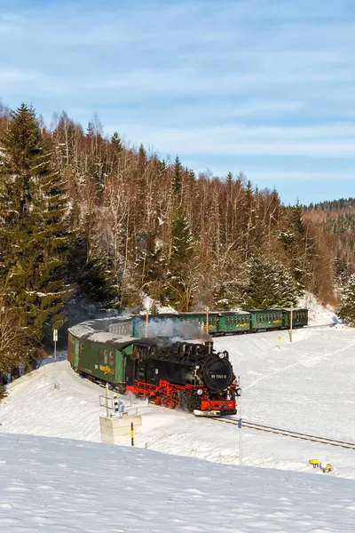 Oberwiesenthal Alemanha Dezembro 2022 Fichtelbergbahn Trem Vapor Locomotiva Ferroviária Retrato — Fotografia de Stock