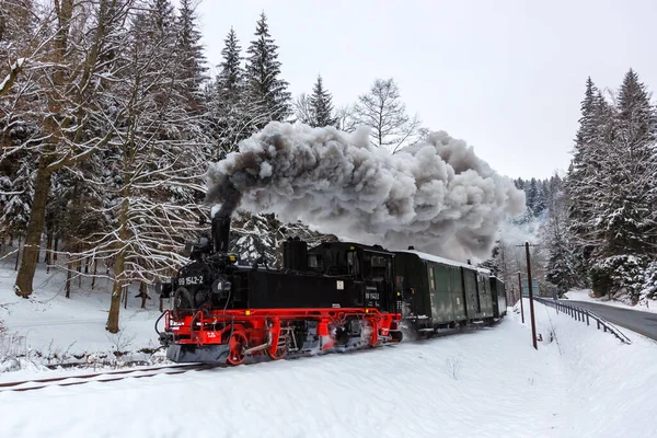 Jhstadt Alemanha Dezembro 2022 Pressnitztalbahn Trem Vapor Locomotiva Ferroviária Inverno — Fotografia de Stock