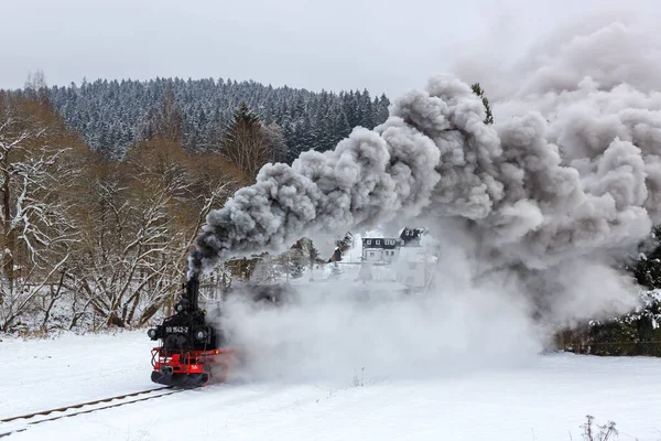 Schmalzgrube Alemanha Dezembro 2022 Pressnitztalbahn Trem Vapor Locomotiva Ferroviária Inverno — Fotografia de Stock