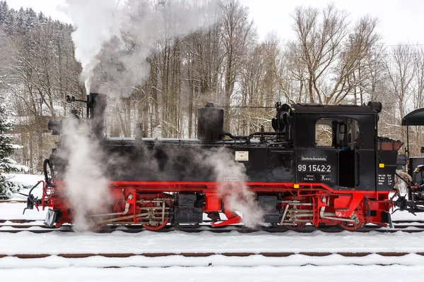 Steinbach Alemanha Dezembro 2022 Pressnitztalbahn Trem Vapor Locomotiva Ferroviária Inverno — Fotografia de Stock