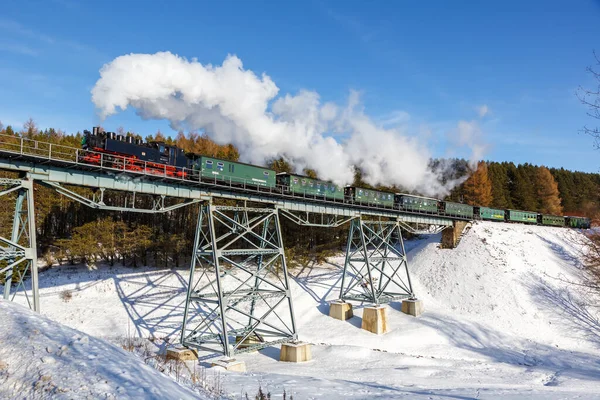 德国奥伯维森塔尔 Oberwiesenthal 2022年12月18日 德国奥伯森塔尔 Oberwiesenthal 一座桥上的Fichtelbergbahn蒸汽机车铁路 — 图库照片