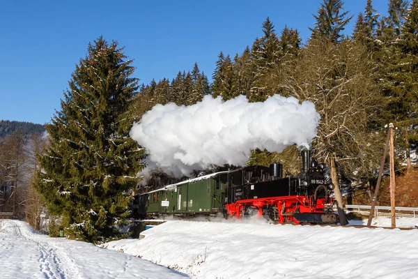 Schmalzgrube Duitsland December 2022 Pressnitztalbahn Stoomtrein Locomotief Spoor Winter Schmalzgrube — Stockfoto