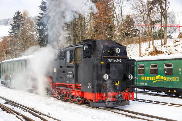 Oberwiesenthal Alemanha Dezembro 2022 Fichtelbergbahn Trem Vapor Locomotiva Ferroviária Inverno — Fotografia de Stock