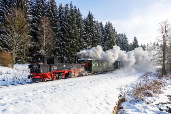 Jhstadt Alemanha Dezembro 2022 Pressnitztalbahn Trem Vapor Locomotiva Ferroviária Inverno — Fotografia de Stock