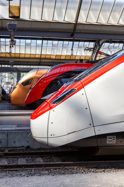 Zürih, İsviçre - 10 Ağustos 2023: İsviçre 'nin Zürih kentindeki ana tren istasyonunda SBB Schweizerische Bundesbahnen ve Sudostbahn yolcu trenleri.