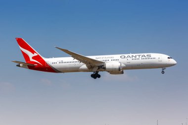Dallas, United States - May 5, 2023: QANTAS Boeing 787-9 Dreamliner airplane at Dallas Fort Worth Airport (DFW) in the United States. clipart