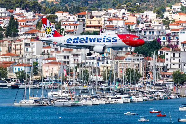 stock image Skiathos, Greece - June 29, 2023: Edelweiss Airbus A320 airplane at Skiathos Airport (JSI) in Greece.