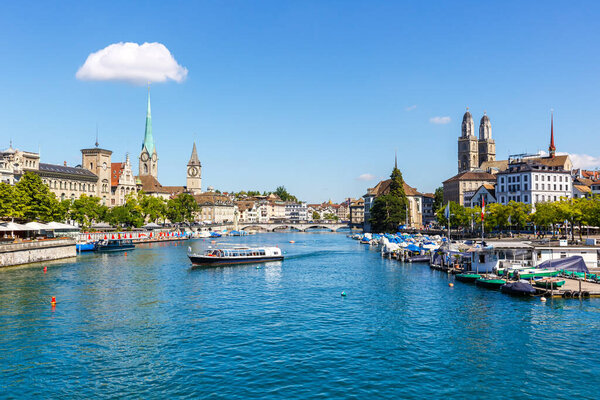 Zurich skyline city at Linth river traveling in Switzerland