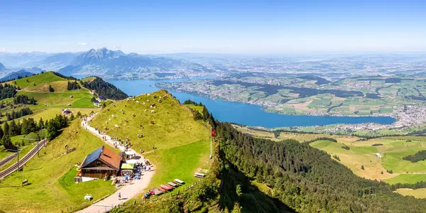 Blick Von Der Rigi Auf Schweizer Alpen Vierwaldstättersee Und Pilatus Stockfoto
