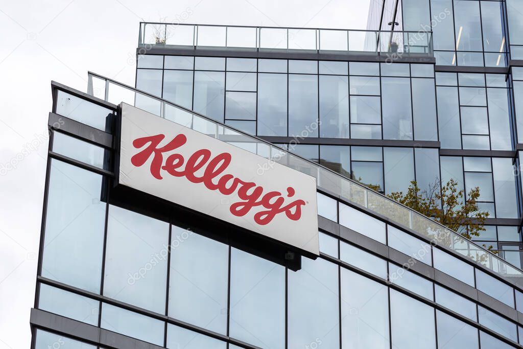 Chicago, United States - May 2, 2023: Kellogg's logo on the corporate office of the cereal corn flakes company in Chicago, United States.