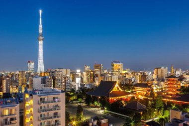 Tokyo SkyTree Kulesi ve Japonya 'da alacakaranlıkta ufuk çizgisi olan Asakusa tapınağı