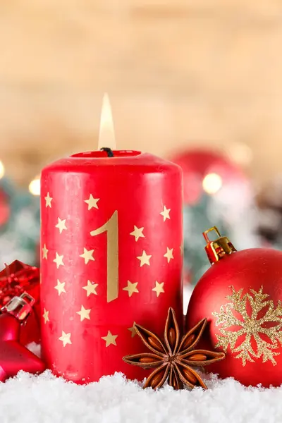 First 1St Sunday Advent Burning Candle Christmas Time Decoration Deco — Stock Photo, Image