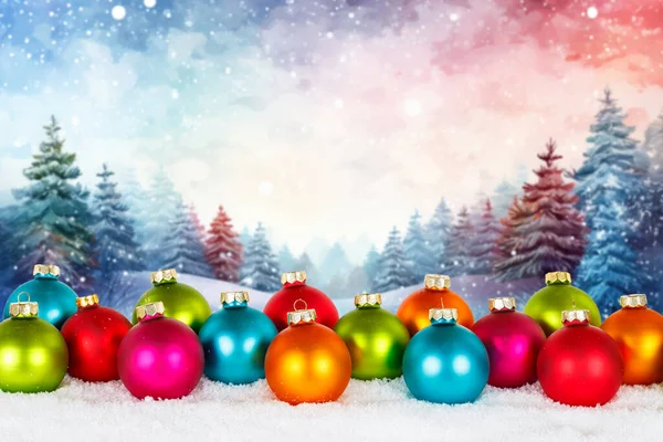 ボールバブルと冬の森の背景コピースペースコピースペースデコとクリスマスカード — ストック写真