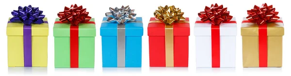Colorful Christmas Presents Boxes Birthday Gifts Row Isolated White Background — Stock Photo, Image