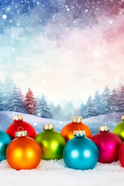 Χριστουγεννιάτικη Κάρτα Μπάλες Μπιχλιμπίδια Και Χειμώνα Δάσος Φόντο Copyspace Αντίγραφο — Φωτογραφία Αρχείου