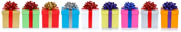 Many Colorful Christmas Presents Birthday Gifts Boxes Row Panorama Isolated — Stock Photo, Image