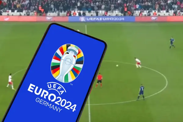 2024年5月1日 欧洲杯2024年德国足球锦标赛欧洲标识在德国移动摄影 图库图片