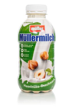 Stuttgart, Germany - March 5, 2024: Mullermilch different flavors in bottles by Theo Muller company in Stuttgart, Germany. clipart