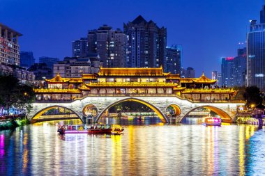 Chengdu Anshun Bridge over Jin River at twilight night in Chengdu, China clipart