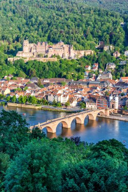 Heidelberg Kale, Neckar Nehri ve Heidelberg, Almanya 'nın yukarısından eski köprü portresi