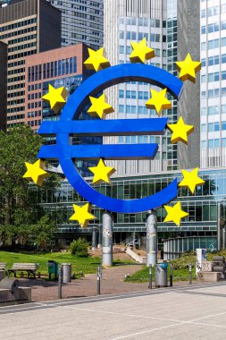 Euro sign as symbol for Europe with banks skyscrapers city at Willy Brandt square portrait format in Frankfurt, Germany clipart