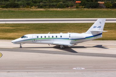 Split, Croatia - May 29, 2023: Smartwings Cessna 680 Citation airplane at Split Airport (SPU) in Croatia. clipart