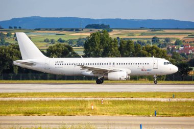 Stuttgart, Germany - July 31, 2022: Fly2Sky Airbus A320 airplane at Stuttgart Airport (STR) in Germany. clipart