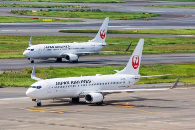 Tokyo, Japonya - 25 Eylül 2023: Japon Havayolları JAL Boeing 737-800 uçakları Tokyo Haneda Havaalanı 'nda (HND).