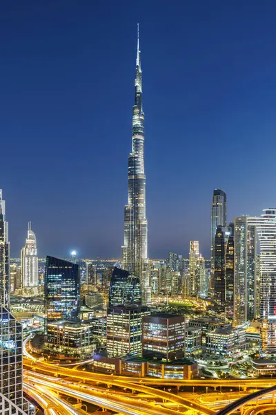 stock image Dubai Burj Khalifa skyline tallest building in the world portrait format top view at twilight downtown skyscrapers