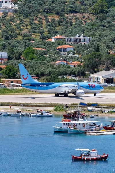 stock image Skiathos, Greece - June 28, 2023: TUI Airways Boeing 737-800 airplane at Skiathos Airport (JSI) in Greece.