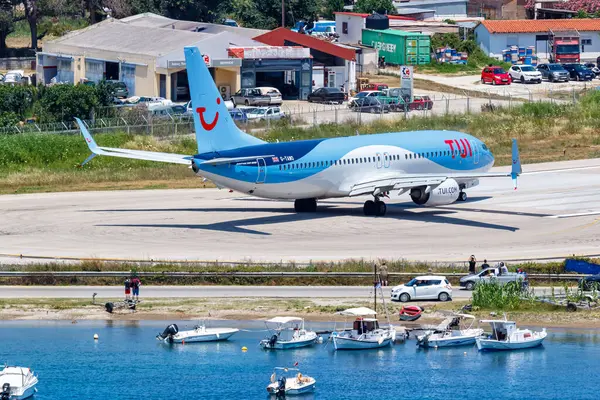 stock image Skiathos, Greece - June 28, 2023: TUI Airways Boeing 737-800 airplane at Skiathos Airport (JSI) in Greece.